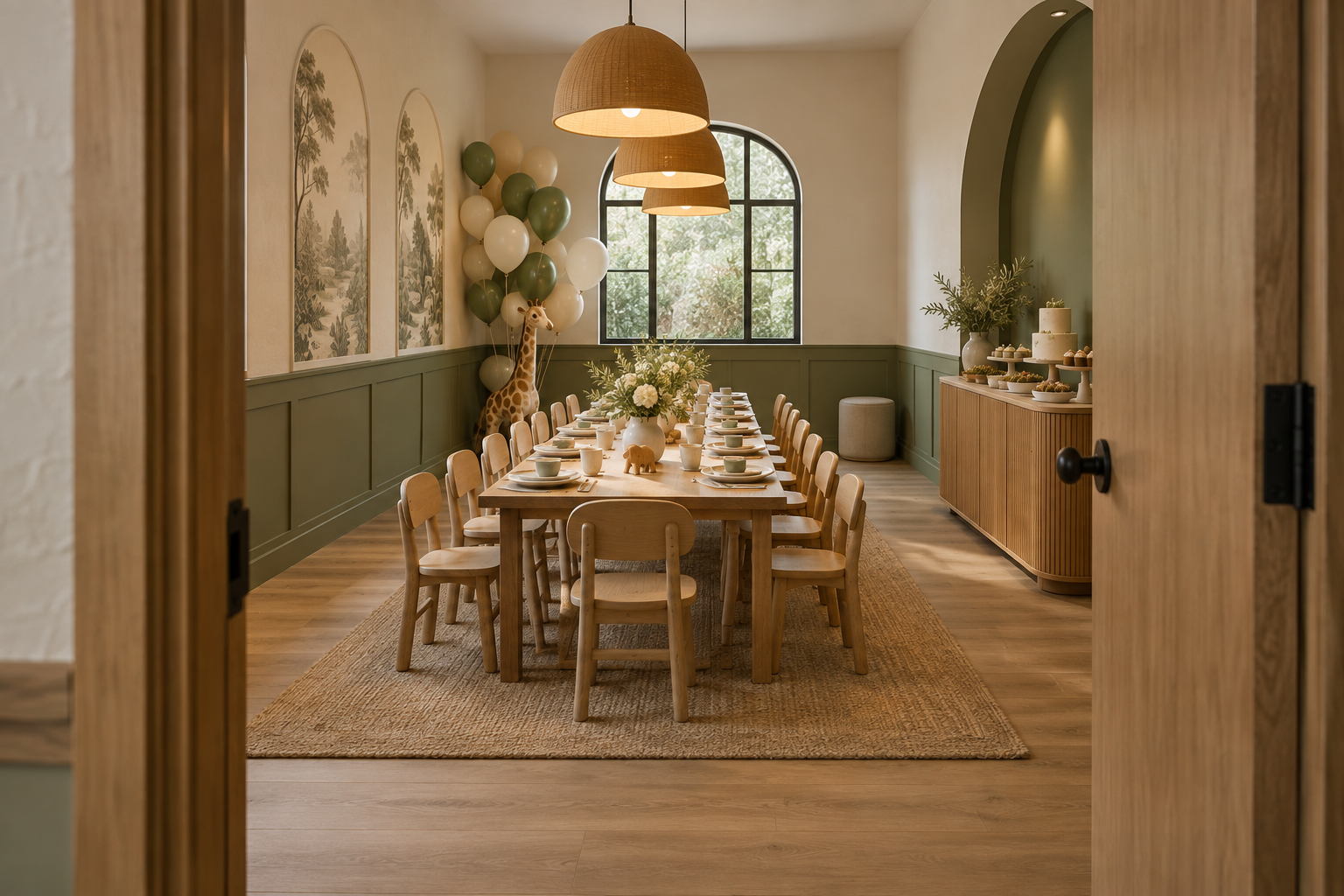 Private event room concept with a party table, olive decorations, solid walls and a door