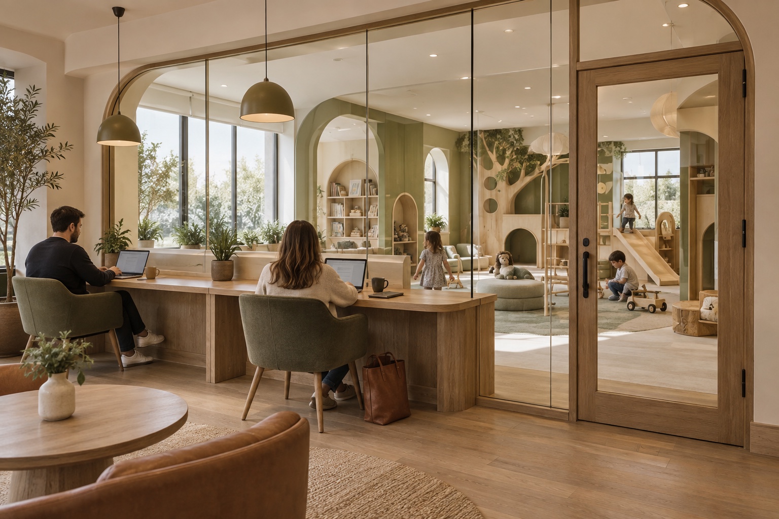 The Play Haus Café concept showing parents working beside a full-height glass wall overlooking a clearly divided children's play area