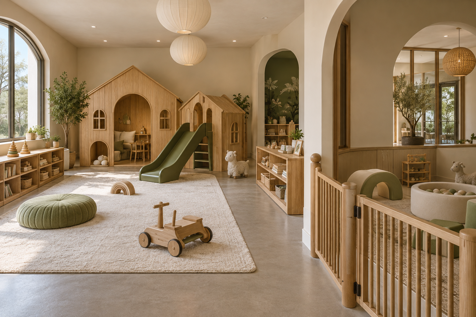 Play concept with wooden playhouses, an olive slide and a separately gated toddler section