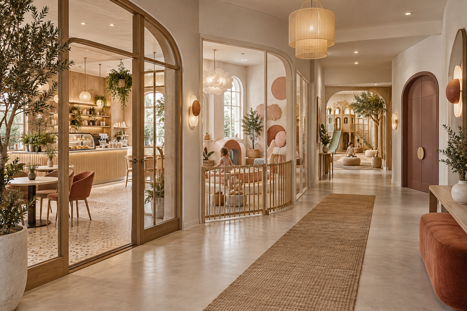 Concept showing a café, gated sensory area, imaginative play room and private event room as distinct zones