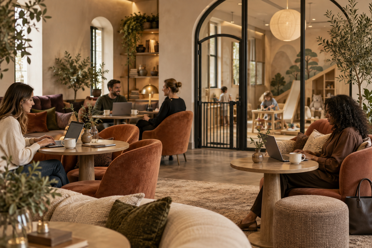 Warm parent coworking lounge beside a separate children's play room, concept image